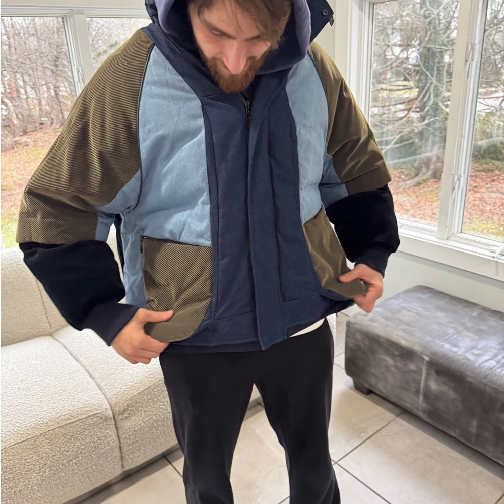 Croquis Men's Colorblock Corduroy Spliced Down Jacket Blue & Olive Puffer Coat